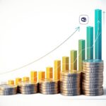 Gráfico de barras e moedas empilhadas simbolizando crescimento financeiro e antecipação judicial.