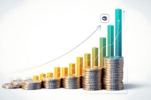 Gráfico de barras e moedas empilhadas simbolizando crescimento financeiro e antecipação judicial.