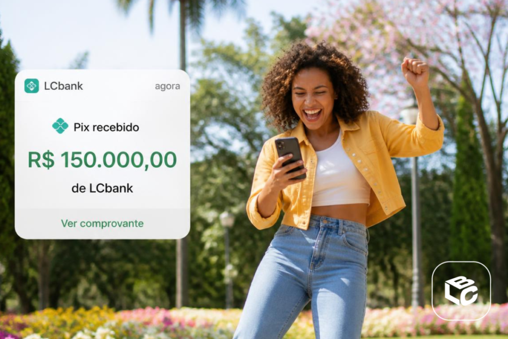 Mulher comemora recebimento de Pix de R$ 150.000,00 no app LCbank