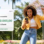 Mulher comemora recebimento de Pix de R$ 150.000,00 no app LCbank
