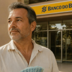 Pessoa adulta em primeiro plano, usando camisa clara, em frente à entrada de uma agência do Banco do Brasil. A pessoa segura várias cédulas na parte inferior da imagem e está posicionada diante da fachada do banco, onde uma placa amarela com o texto “BANCO DO BRASIL” aparece ao fundo. O ambiente é externo, com calçada, árvores e iluminação natural diurna.