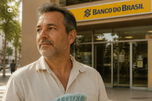 Pessoa adulta em primeiro plano, usando camisa clara, em frente à entrada de uma agência do Banco do Brasil. A pessoa segura várias cédulas na parte inferior da imagem e está posicionada diante da fachada do banco, onde uma placa amarela com o texto “BANCO DO BRASIL” aparece ao fundo. O ambiente é externo, com calçada, árvores e iluminação natural diurna.